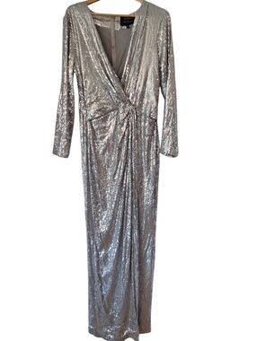 Jason Wu x Eloquii Silver Sequin Wrap Maxi Gown Deep V Plus Size 16